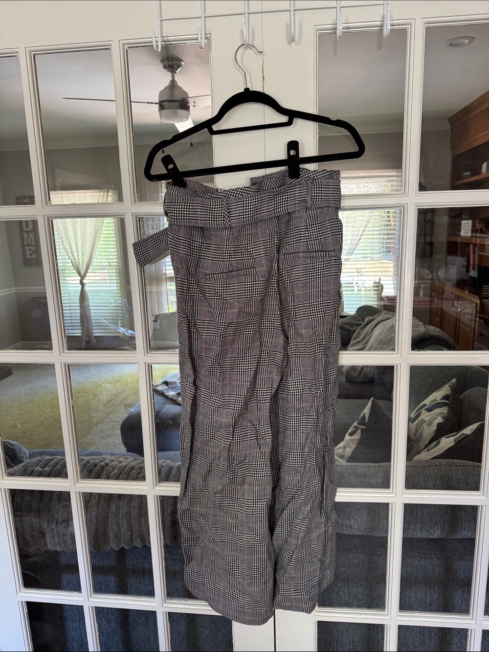 Veronica Beard Dexter pant, navy blue & White Plaid Paperbag Waist Wide-Leg - Picture 4 of 5